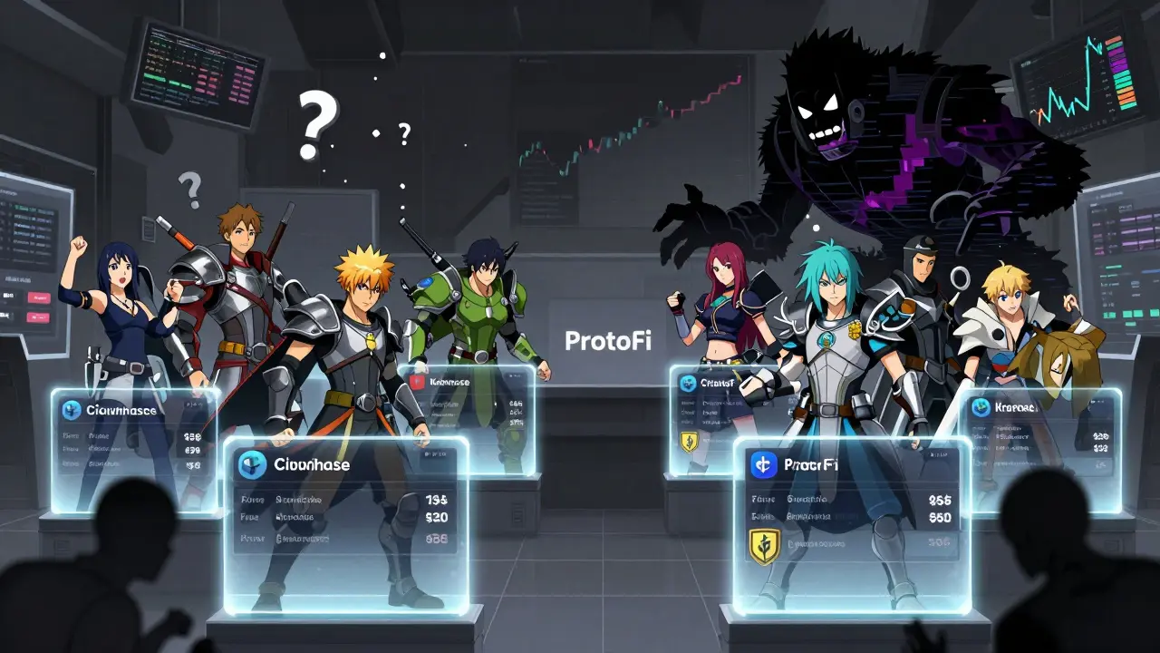 Anime battle between safe verified exchanges and vague risky platform monster
