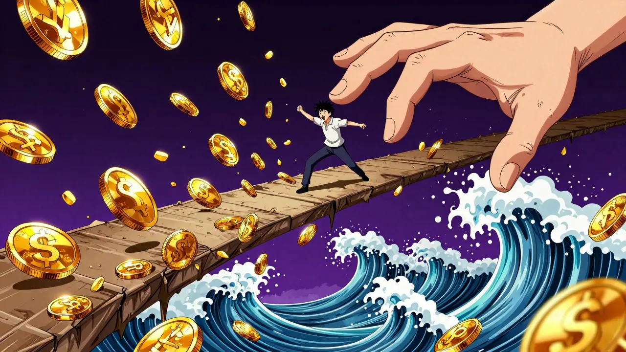 Anime character balancing on a narrow bridge amidst stormy market waves and falling coins.