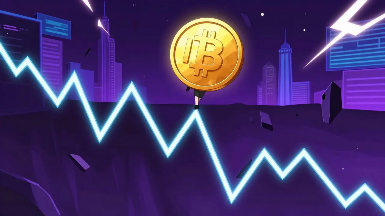 Anime character balancing on volatile crypto chart showing risk