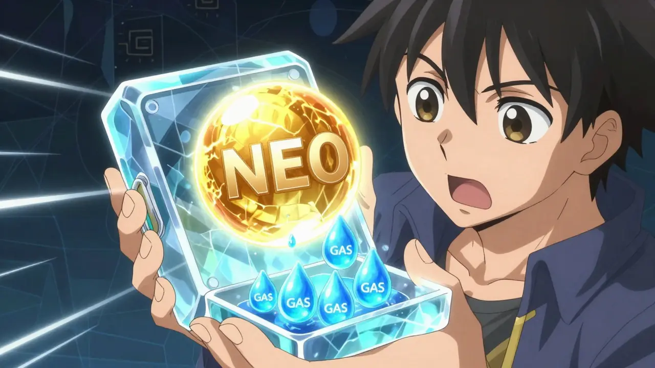 Anime character collecting GAS tokens generated from a NEO crystal orb