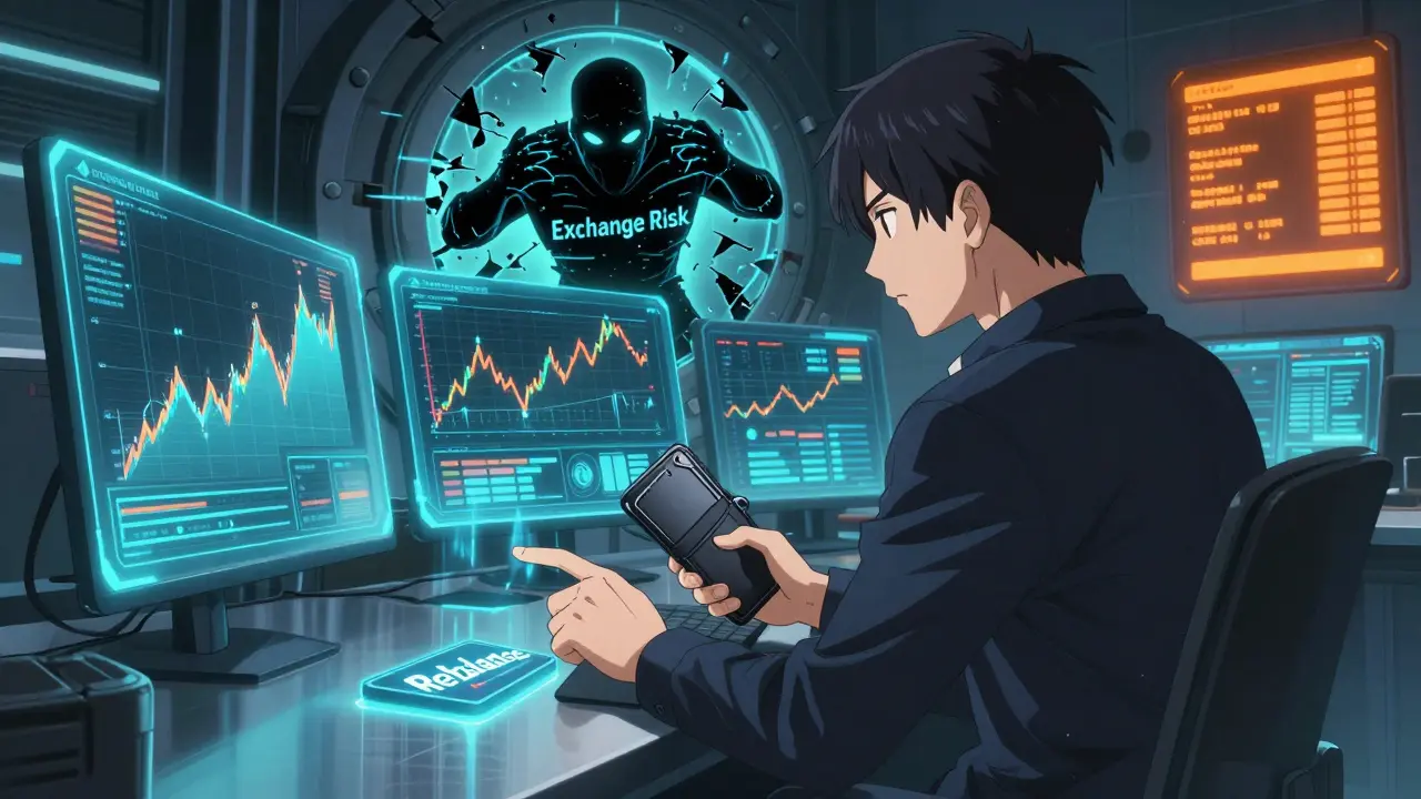 Anime character securing hardware wallet against exchange risk threats