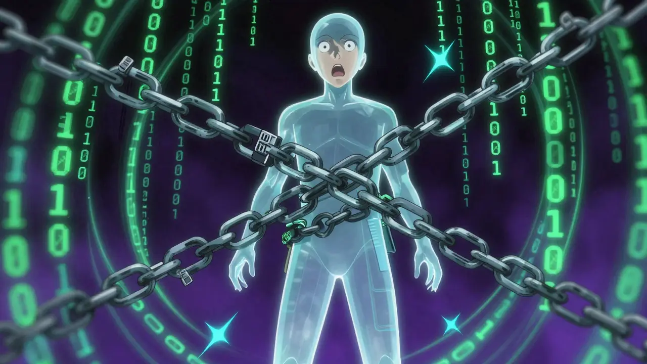 Anime character surrounded by data streams and chains, symbolizing lost crypto anonymity.