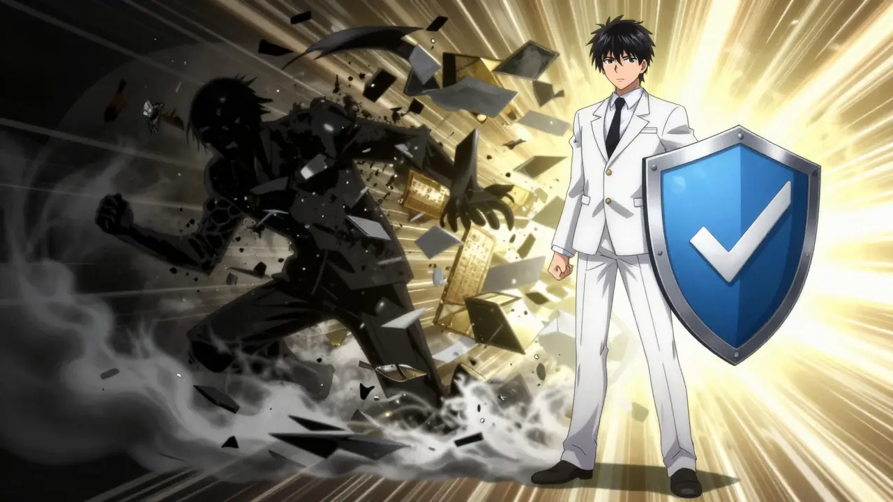 Anime contrast between dissolving illicit trader and secure, compliant user with shield.