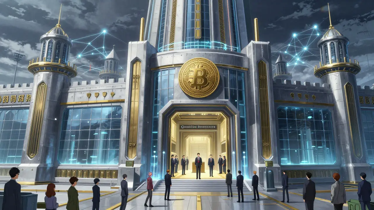 Anime fortress representing state-controlled crypto system