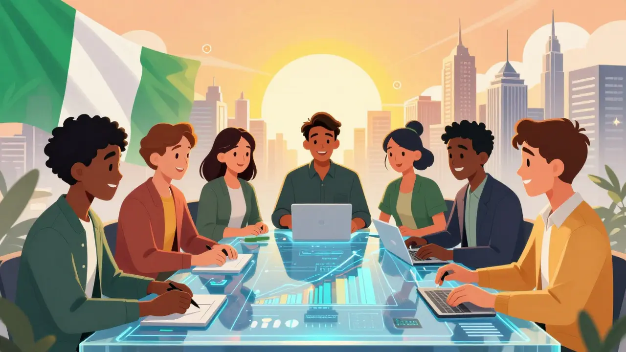 Anime group celebrating secure crypto trading in futuristic city