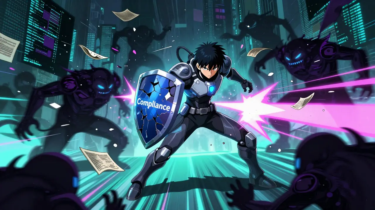 Anime hero battling glitch monsters representing regulatory loopholes in crypto