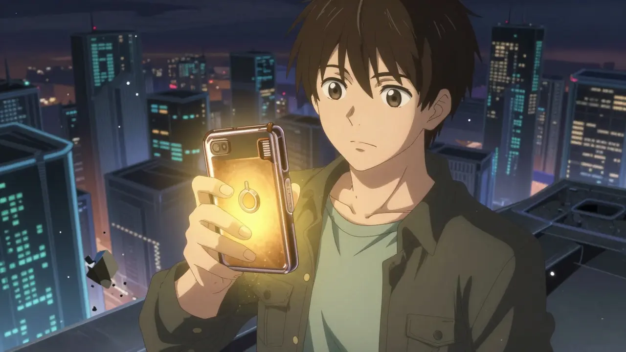 Anime hero holding a safe hardware wallet above a chaotic digital city