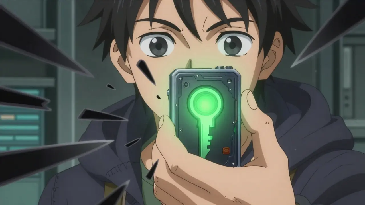 Anime hero protecting hardware wallet from digital hacker attacks.