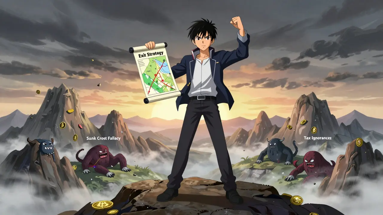 Anime hero with exit strategy map overlooking crypto market landscape