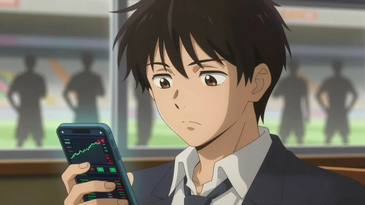 Anime investor checking phone with stadium view in background