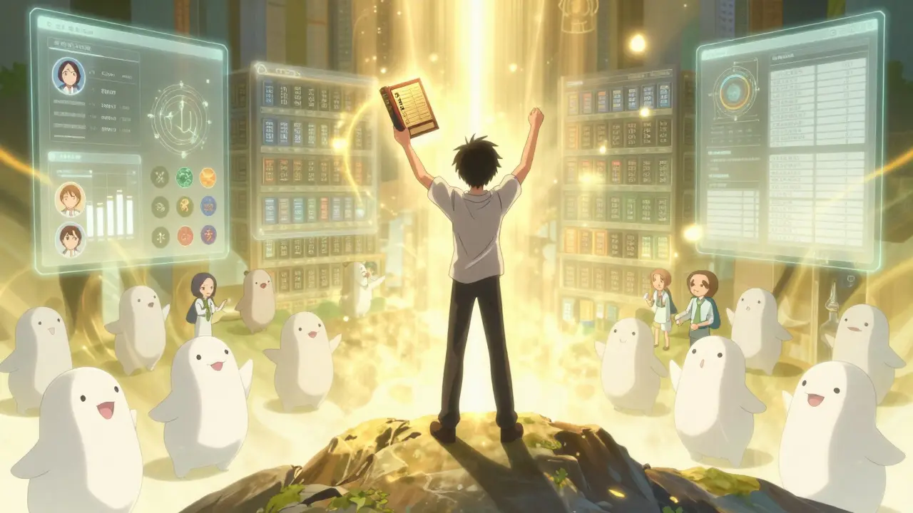 Anime protagonist holding glowing ledger on mountain peak