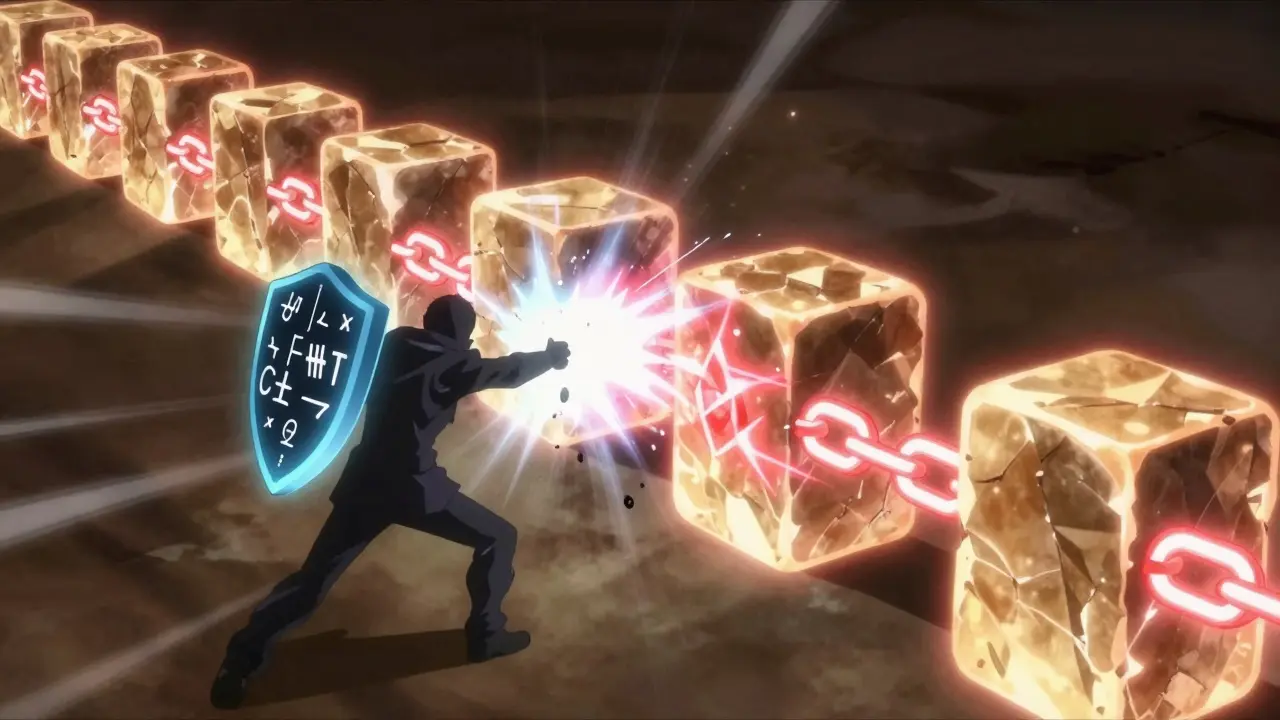 Anime scene showing a blockchain resisting a tampering attack with glowing security shields.