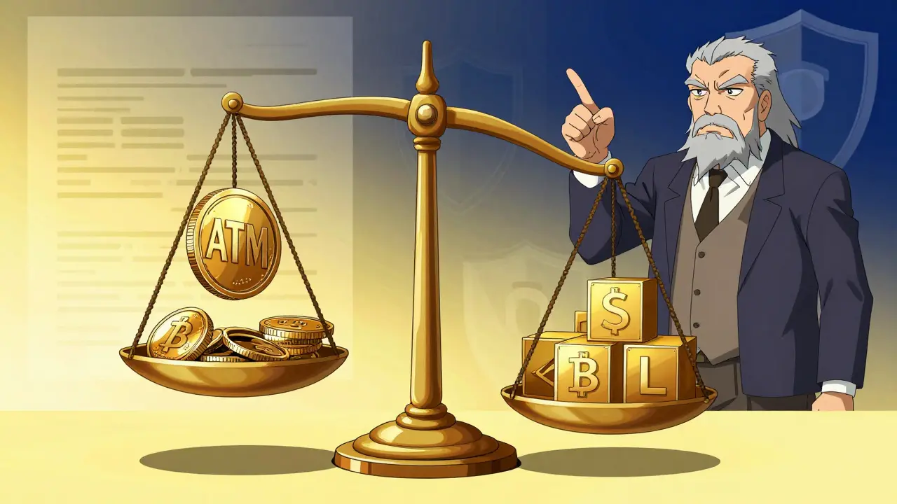 Anime style: Balance scale comparing risky ATM token against stable crypto assets.