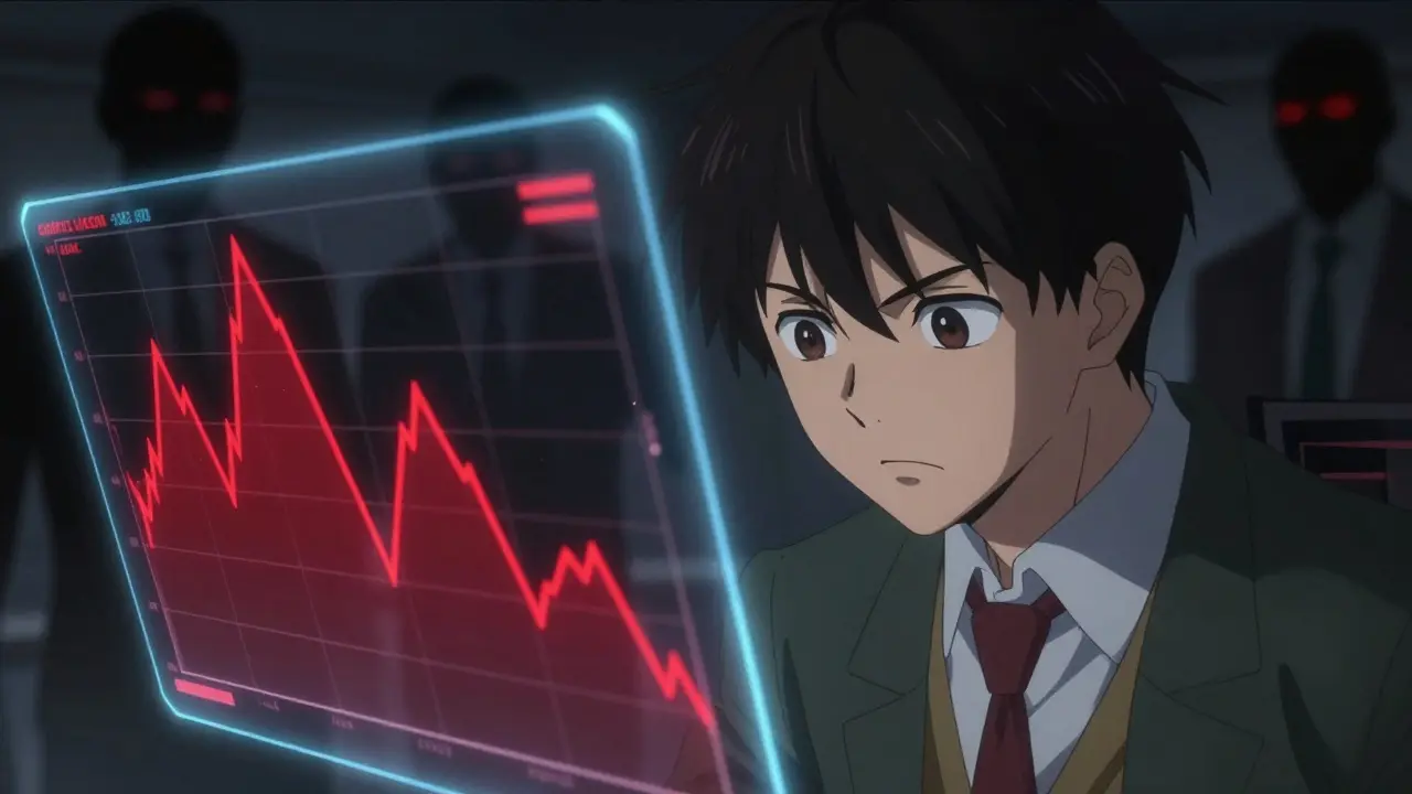 Anime style: Trader facing volatile chart, symbolizing high risk and low liquidity.
