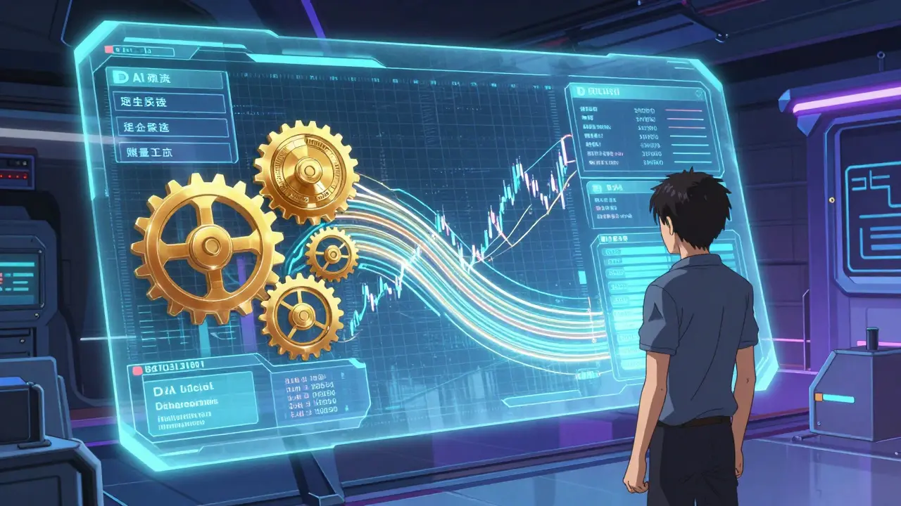 Anime style: User managing DeFi protocols with holographic interface