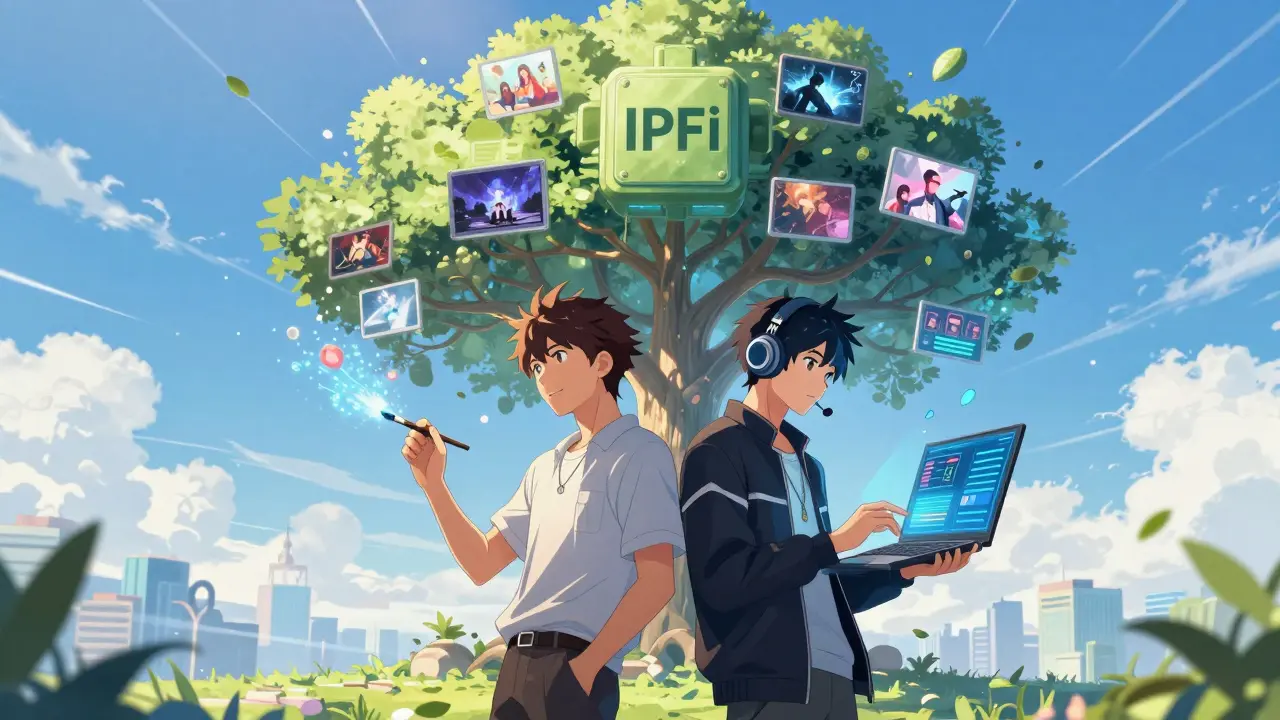 Artist and investor standing before a growing blockchain tree