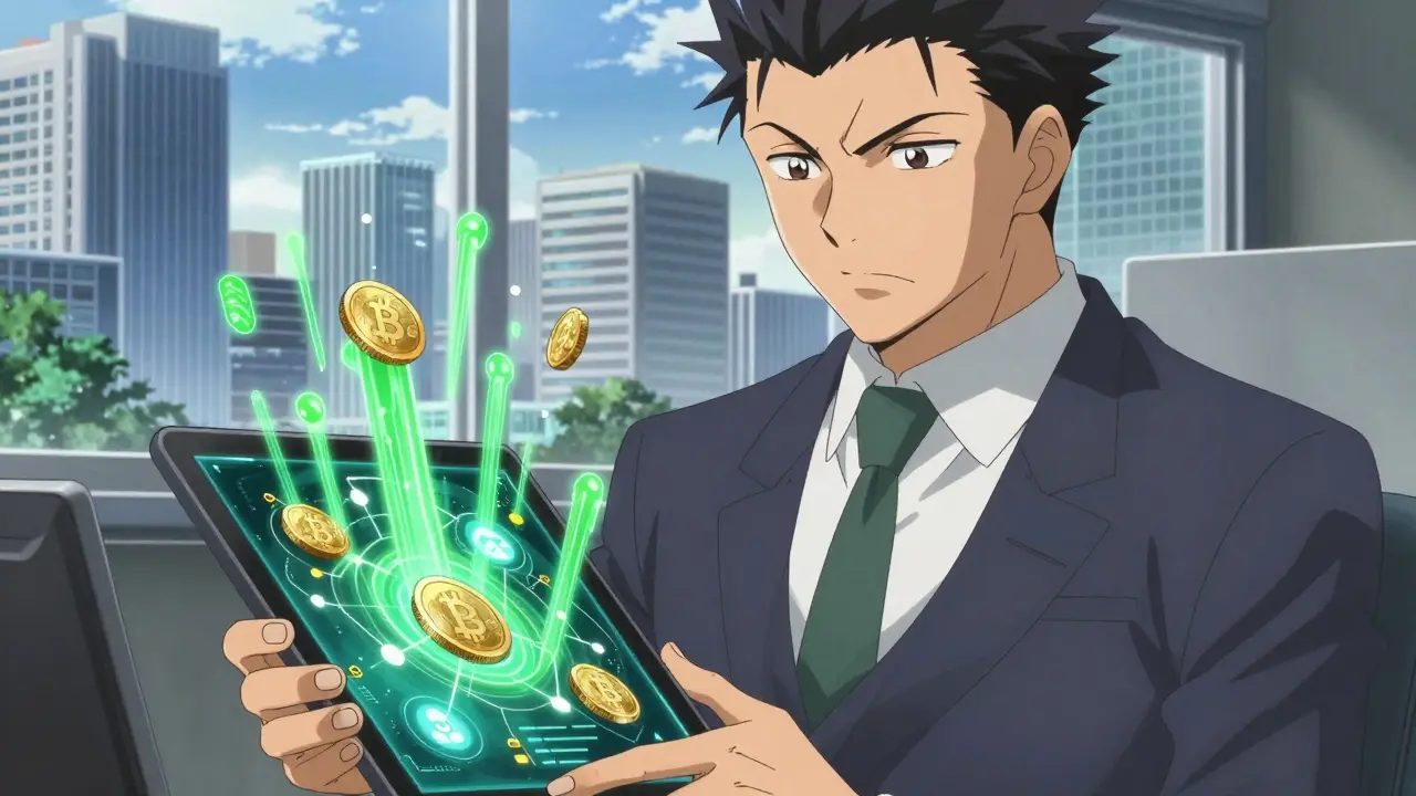Banker unlocking crypto services on a tablet