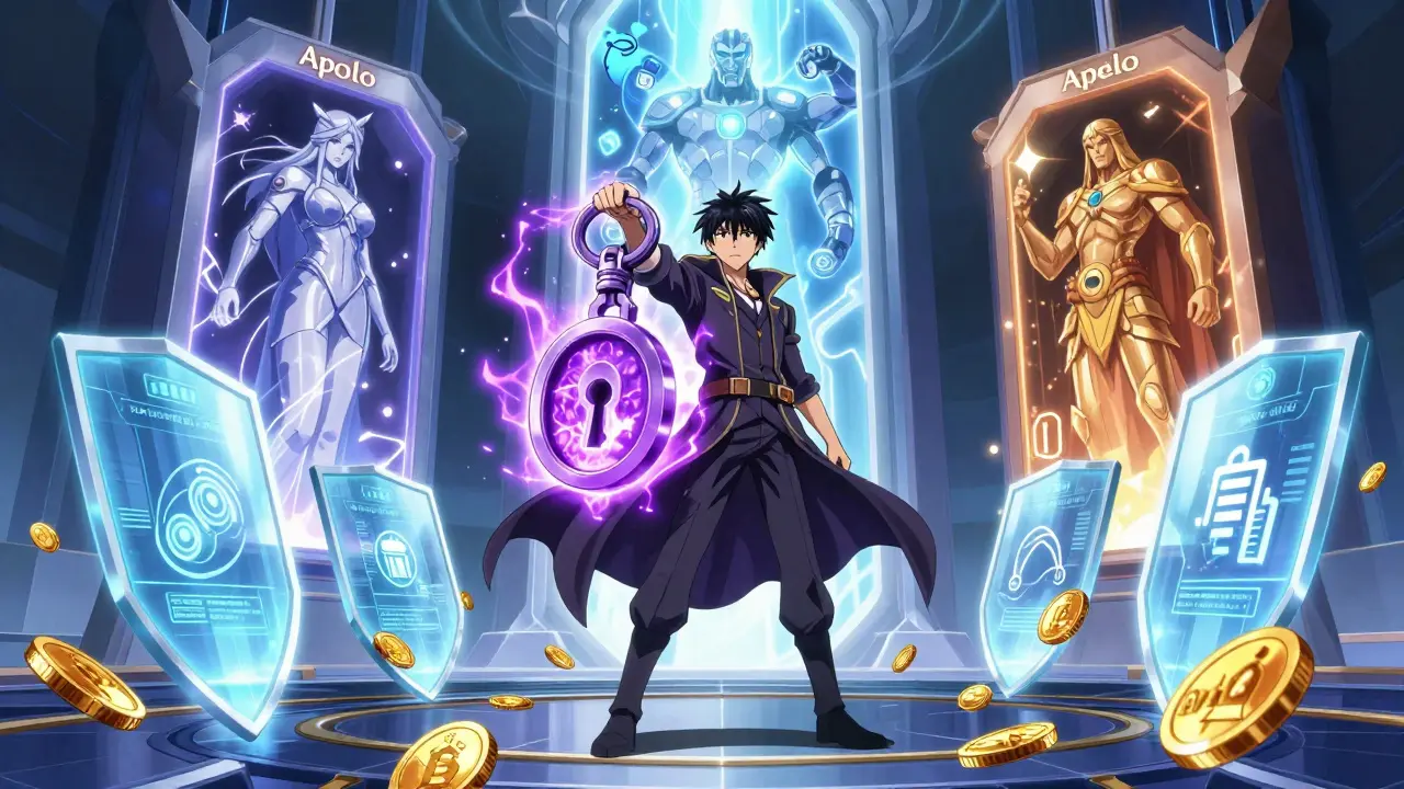 Character holding veDEUS key with governance rewards and roadmap