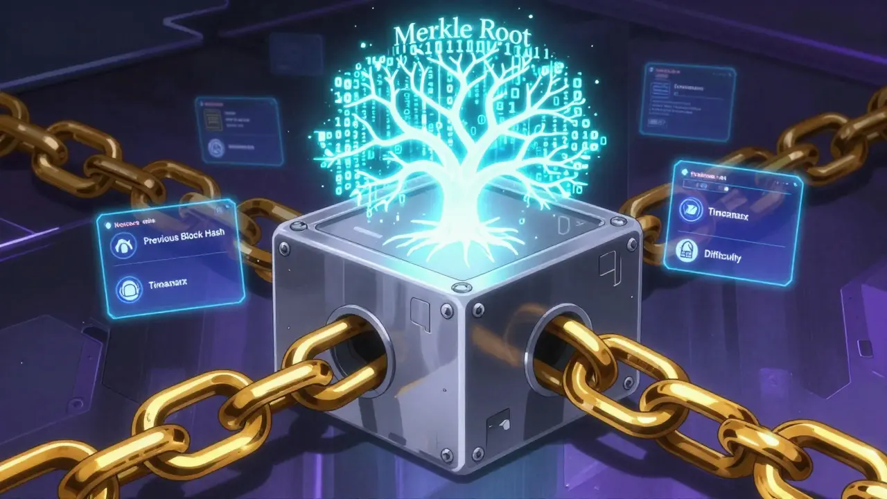 Close-up of a blockchain block header with golden chain links and Merkle tree graphics.