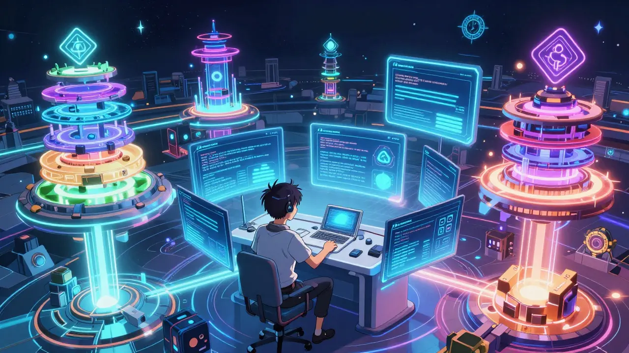 Future validator using AI and ZK proofs in a modular blockchain anime scene.