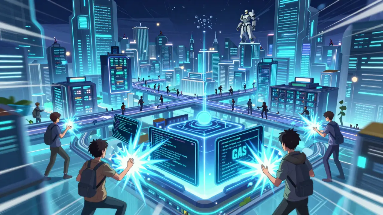 Futuristic anime city showing developers using GAS to build on Neo network