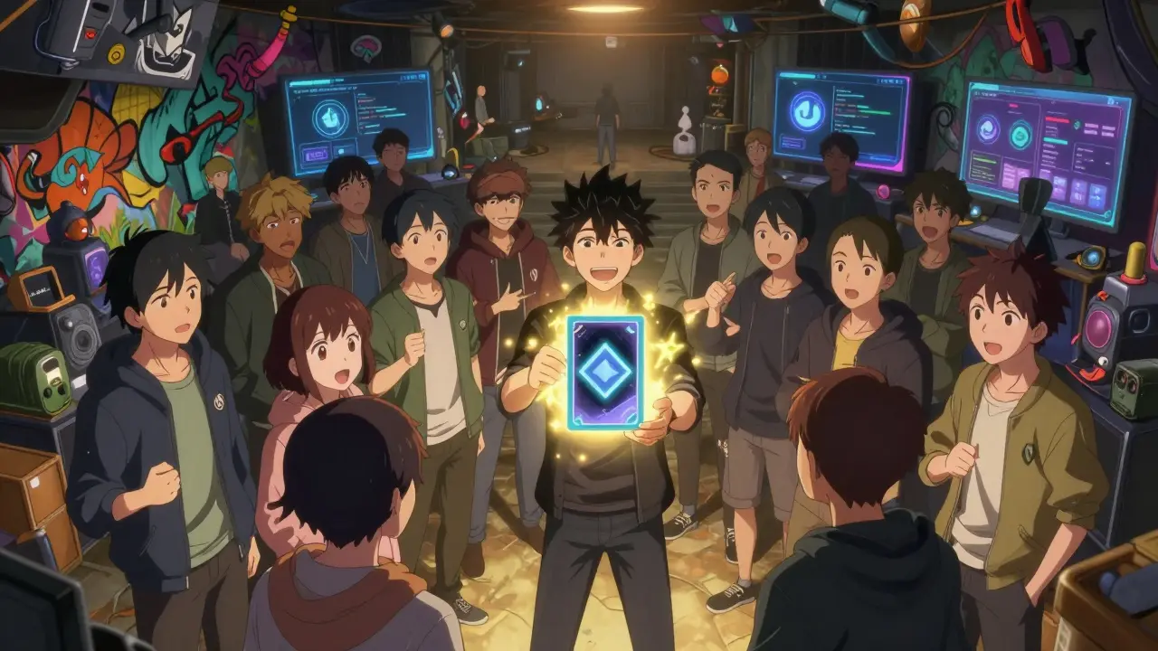 Group of anime fans gathered around a glowing NFT card in a vibrant, graffiti-covered underground arena.