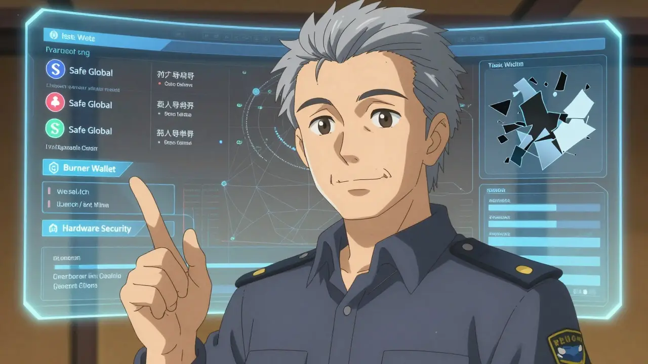 Manga mentor explaining crypto safety via holographic data display