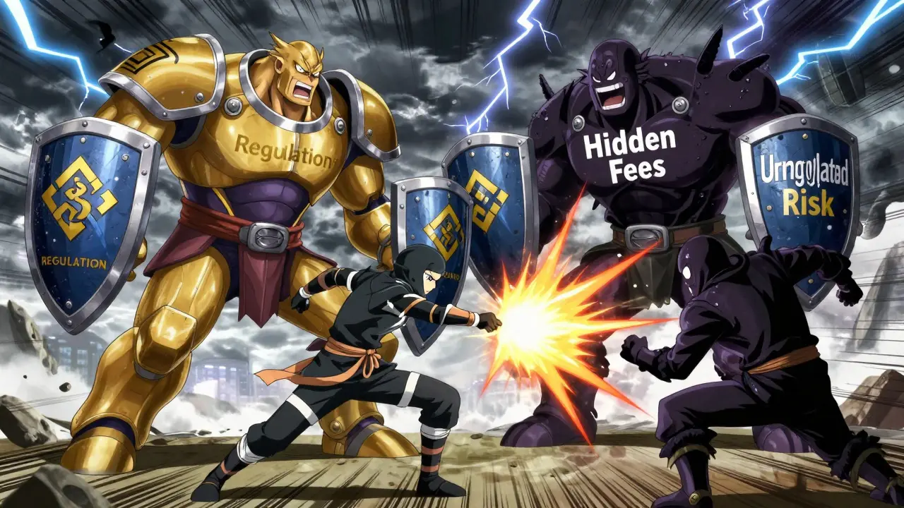 Shounen anime battle showing secure exchanges vs risky small platforms