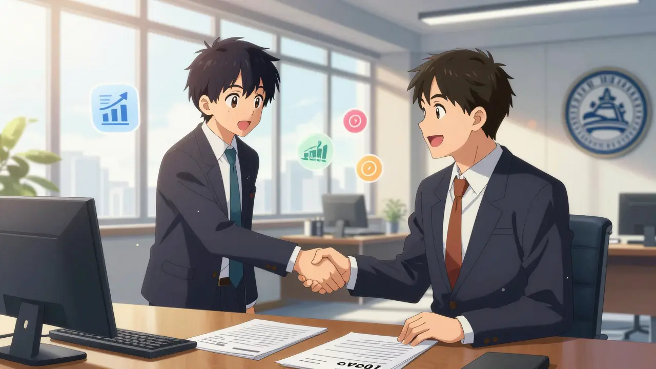 Shounen anime investor shaking hands with official in sunny Puerto Rico office