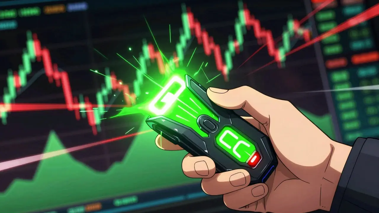 Shounen anime scene showing a hand holding a crypto wallet with volatile price chart spikes in background.