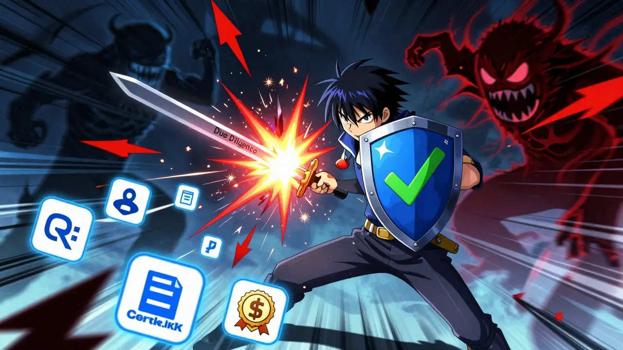 Shounen character fighting scam monsters with security shield