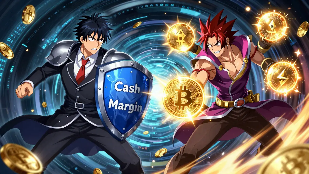 Shounen hero using Bitcoin and Ethereum orbs as margin collateral against cash.