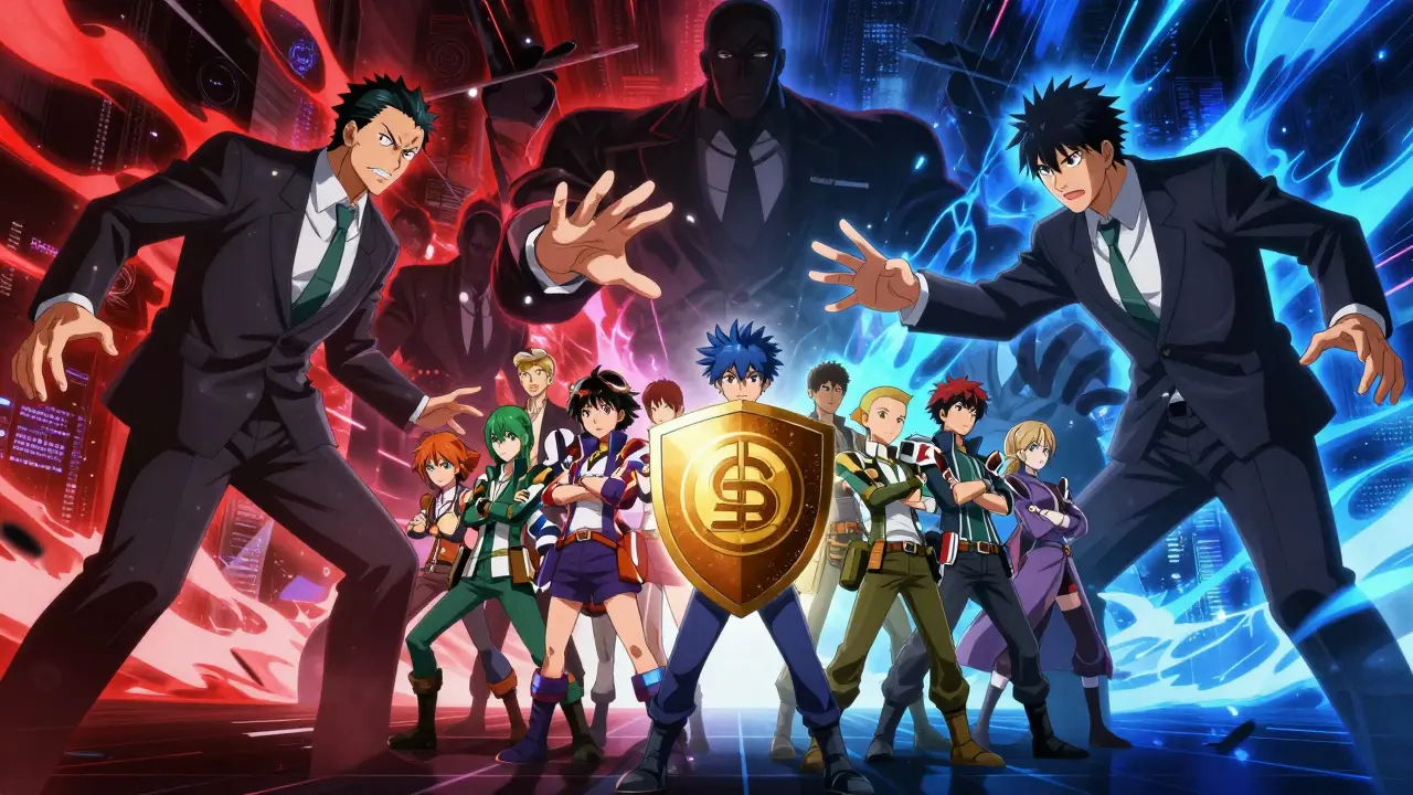 Small validators shielding themselves from looming corporate giants in anime style.
