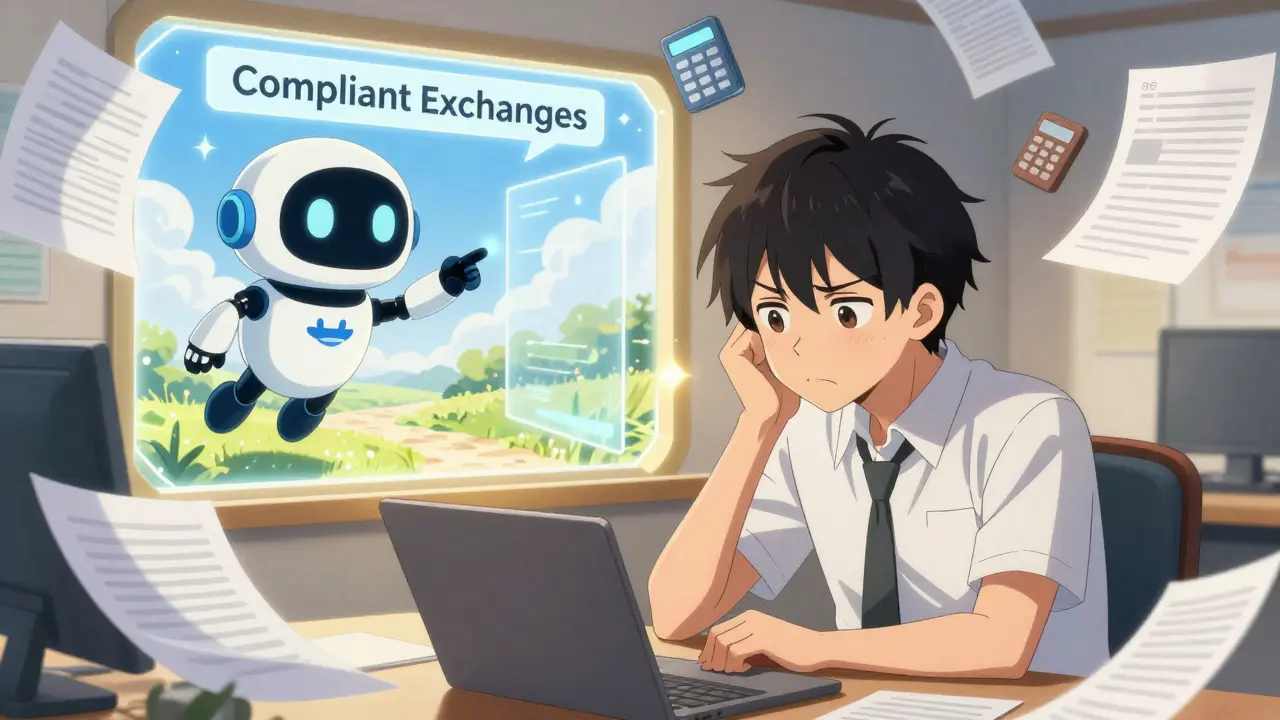 Stressed investor guided by robot assistant toward safe compliant crypto options