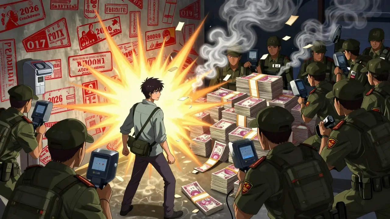 Trader facing government crackdown and burning money in anime style
