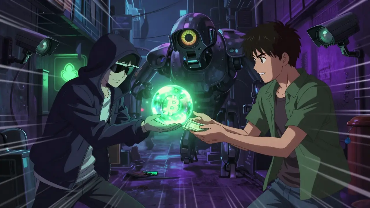Underground crypto trade in a dark alley avoiding bank surveillance.