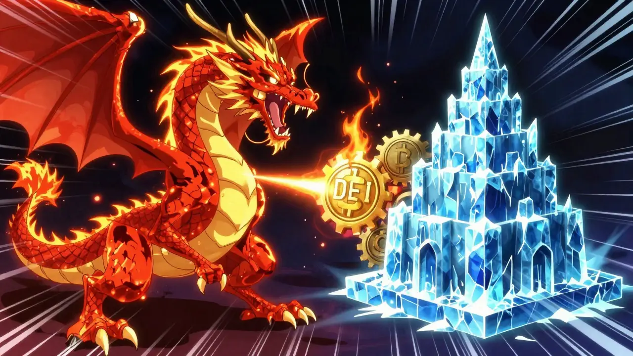 Visual metaphor of DEUS token burning to stabilize DEI coin