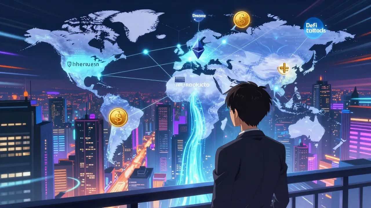 A trader overlooking a neon city connected by glowing crypto asset networks