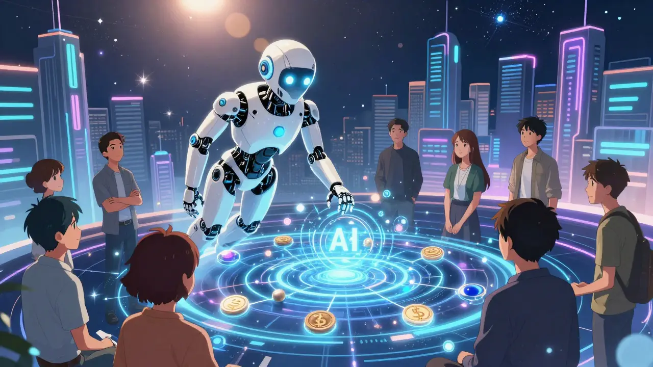 AI assistant guiding users through a futuristic decentralized finance landscape
