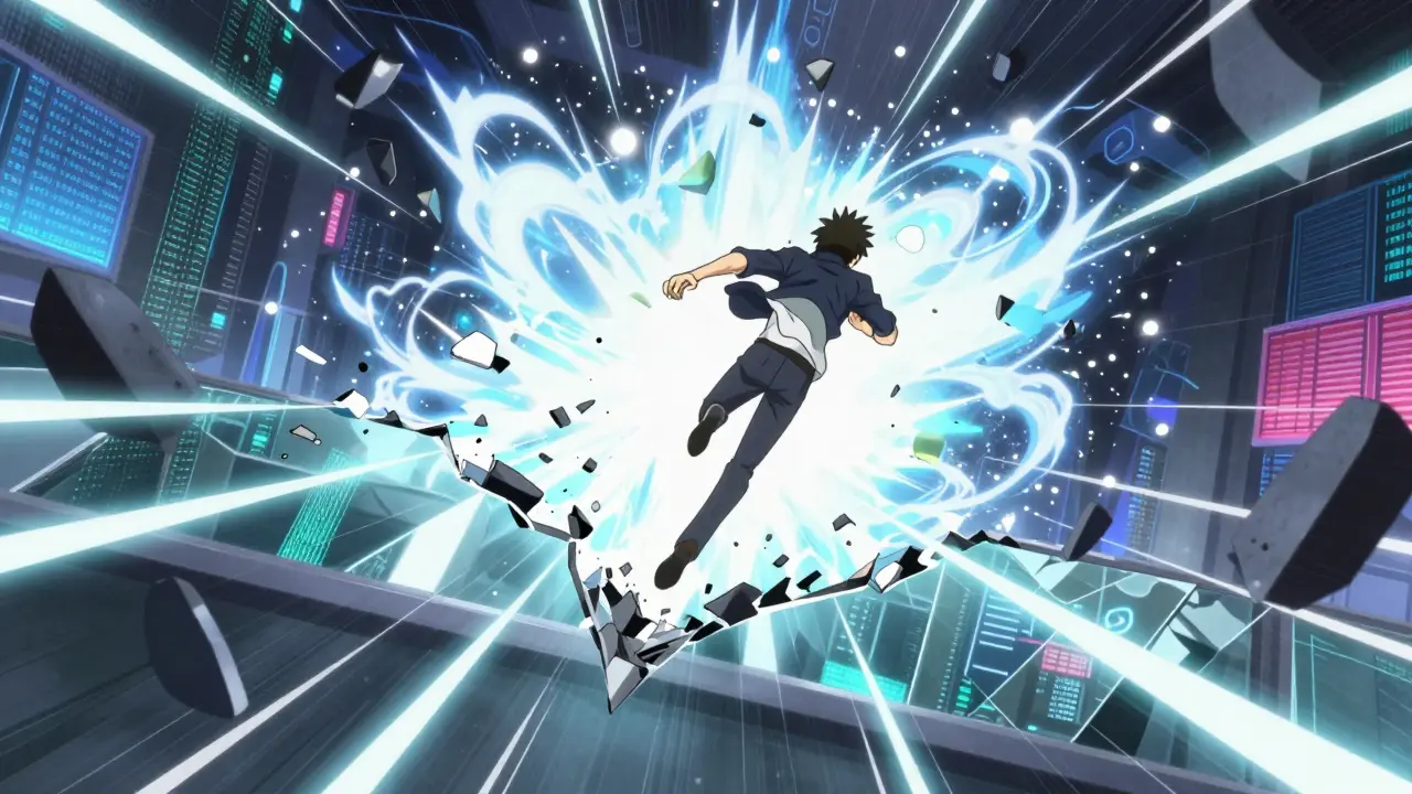 Anime character breaking through a shattered support level in a burst of energy.