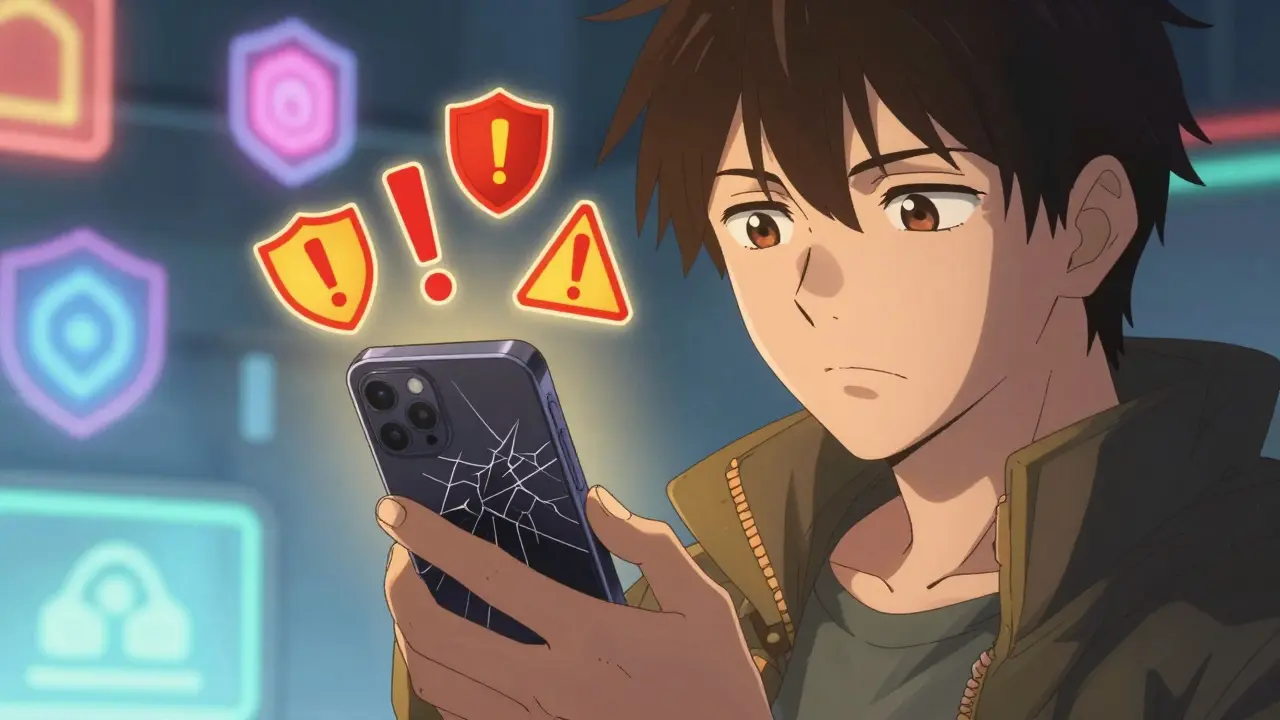 Anime character checking wallet with warning signs nearby.