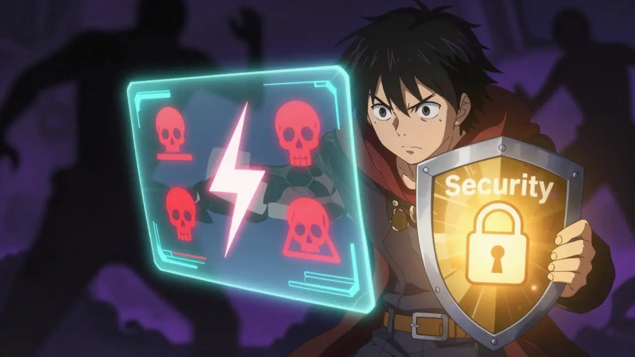 Anime character guarding against digital scam threats