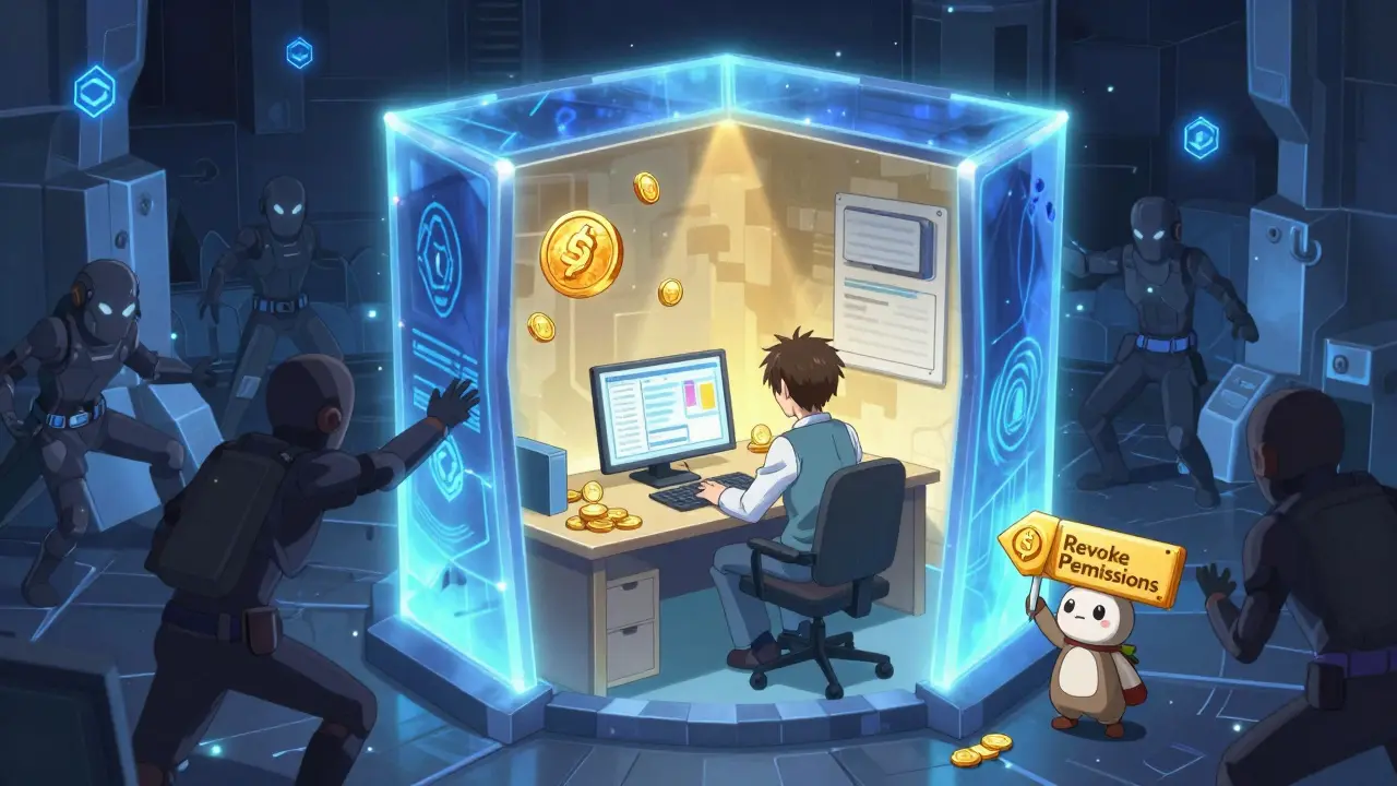 Anime character safely staking tokens inside a digital security fortress