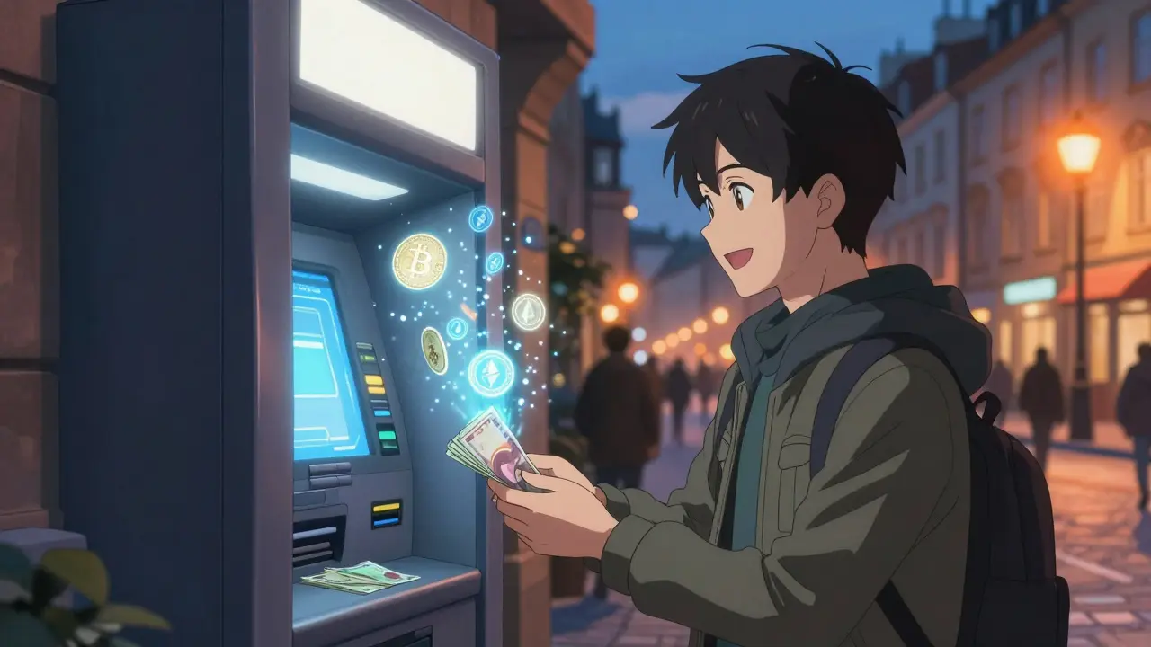 Anime character withdrawing cash from a crypto ATM in a city
