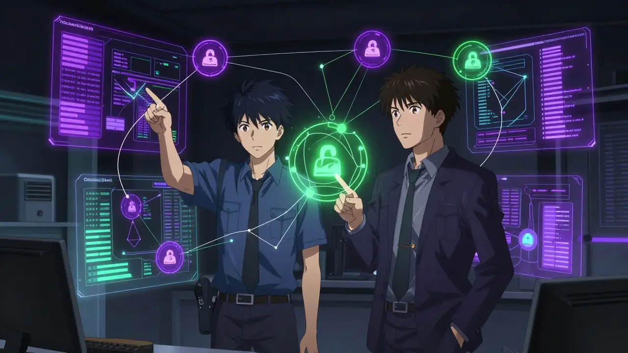 Anime detectives analyzing glowing blockchain data networks to trace illicit crypto funds