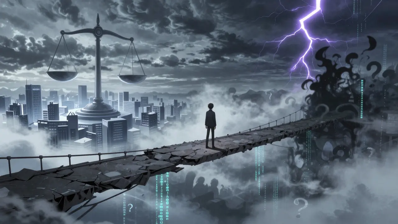 Anime figure standing on bridge of regulatory uncertainty