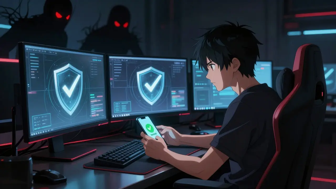 Anime gamer protected by security shield against dark scam figures