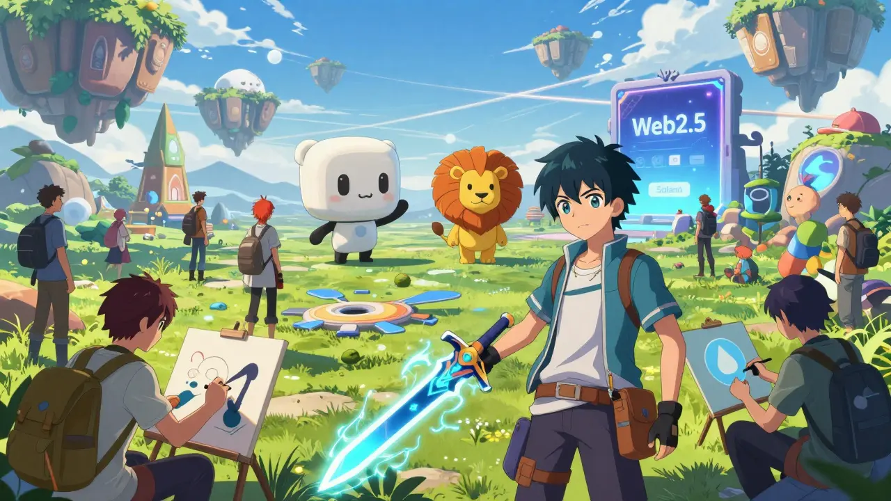 Anime gamers and artists exploring a vibrant, interconnected metaverse