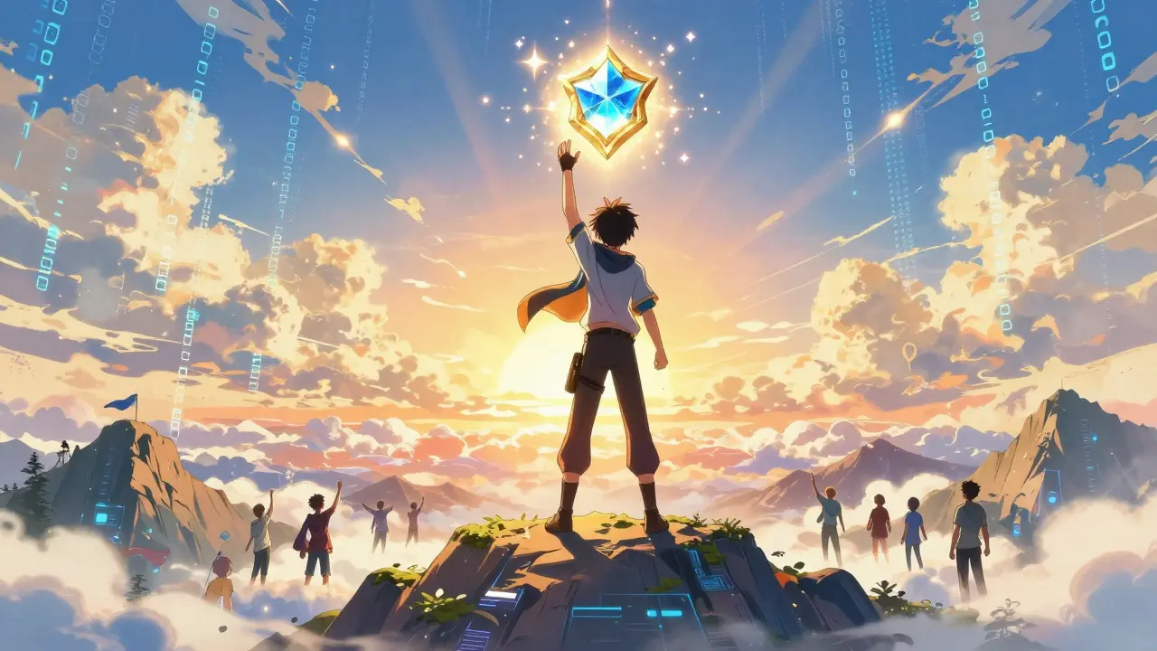Anime hero celebrating with glowing crypto token