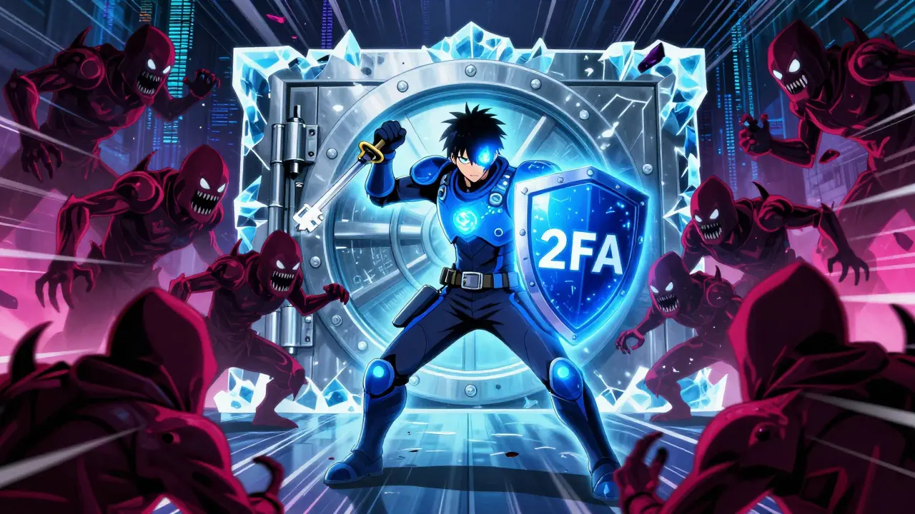 Anime hero defending digital assets with cold storage shield against hacker monsters